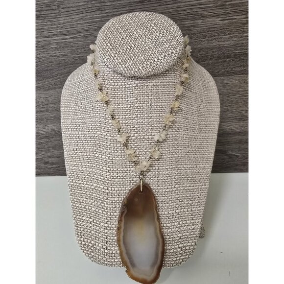 Vintage 70s Natural Stone Agate Geode Pendant Necklace Brown/Ivory Slice - Picture 1 of 7